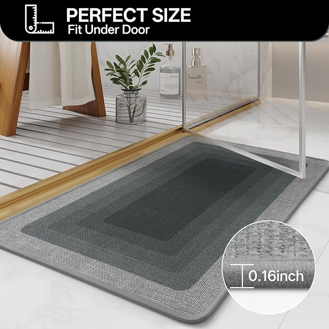 Non Slip Bath Mat Bathroom Rugs, Quick Dry Super Absorbent Washable Shower Bath Mats, Rubber Backing Ultra Thin Bathroom Rug Fit Under Door, Grey 20x32