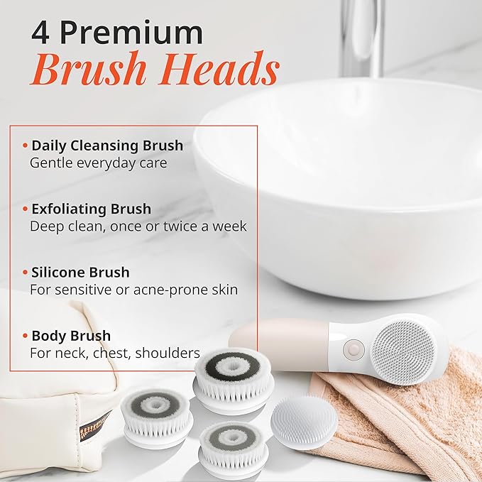 Raedia Handheld Facial Cleansing Brush with 4 Interchangeable Brush Heads by Vanity Planet - Lightweight Daily Cleansing Brush for Glowing Skin - Water Resistant Face Exfoliator - Warm Grey