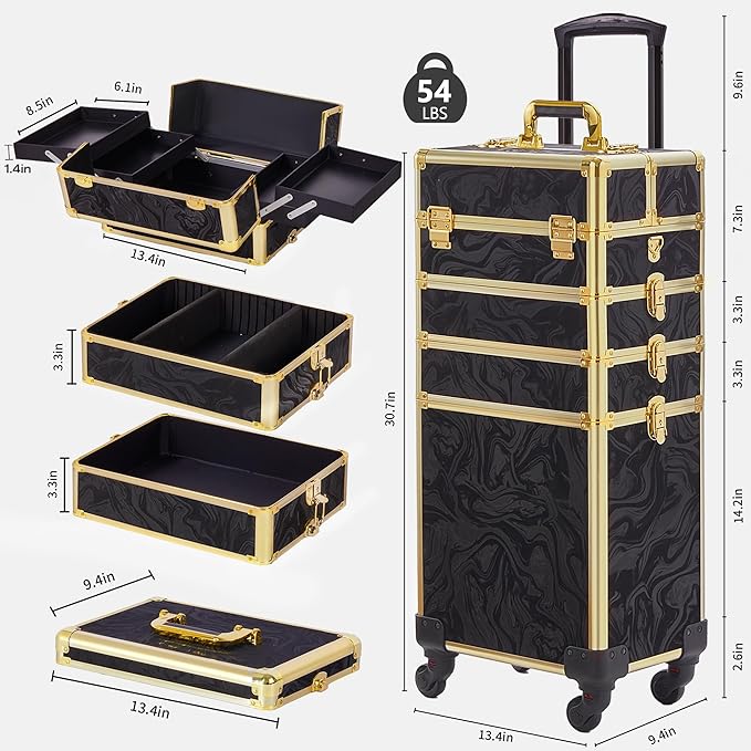Rolling Makeup Case, Makeup Train Case with Lid, 5 in 1 Cosmetology Case on Wheels, Christmas Gift, Large Makeup Organizers, Profesional Cosmetic Case for Salon Barber, Pattern Black Gold