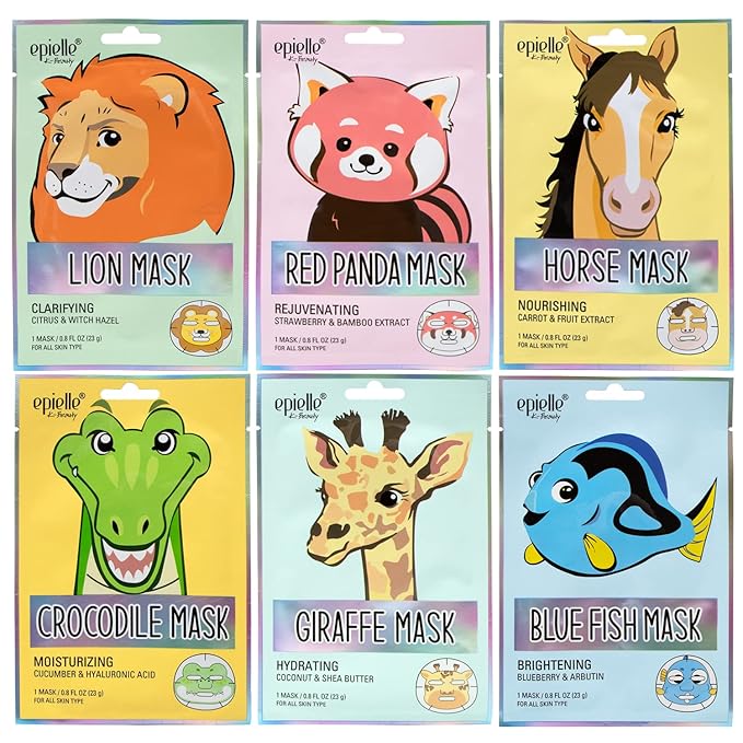 Epielle Character Face Mask Wild Kingdom 6 Pack, Fun & Effective Korean Skin Care, Spa Party Favors, Stocking Stuffers, Birthday Gifts for Women, Thanksgiving Essentials