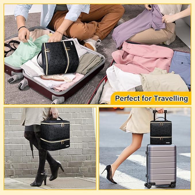 PU Leather Nail Polish Organizer Bag Holds Nail Lamp& 30 Bottles (15ml-0.5 fl.oz), Portable Travel Nail Kit Storage Carrying Case, Double Layer Nail Supplies Organizer Handbag (Elegant Black)