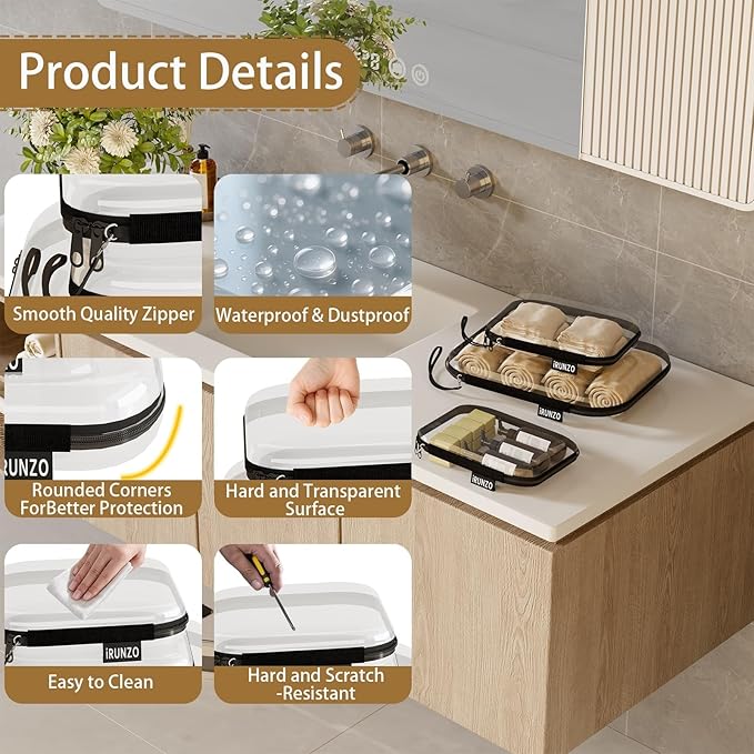 3 PCS Clear Hard Shell Zipper Case With Handle Strap，Clear Plastic Waterproof Cosmetic Makeup Bags Toiletry Pouches for Travel With Double Zipper，Kid's Toy Storage Organizer Bins Box