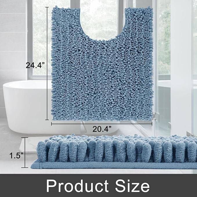 Yimobra Toilet Rug U Shaped Washable 24x20 Inch - Ultra Soft Absorbent Chenille Bath Rugs for Toilet, Quick Dry & Machine Washable, Non Slip Contour Bathroom Mat, Denim Blue