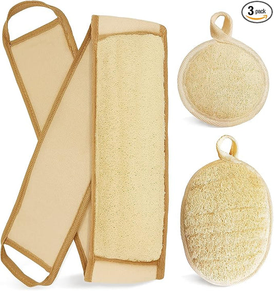 Natural Loofah Sponge Back Exfoliating Scrubber Combo Set, Seep Cleansing Skin and Facial Loofah Pad