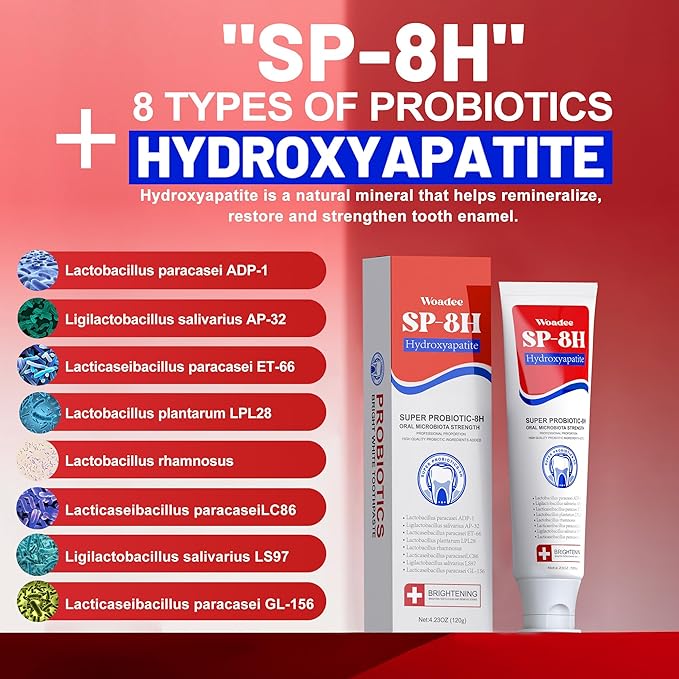 SP-8 Hydroxyapatite Probiotic Whitening Toothpaste, 8 Probiotics Plus Hydroxyapatite Formula for Teeth Whitening, Strengthening and Enamel Protection，Mint Flavor, Fresh Breath, Fluoride-Free (2)