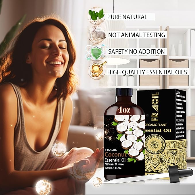 Coconut Essential Oil, Coconut Oil 4 Fl Oz 120ML for Diffuser Humidifier Yoga Cleaning DIY Candle Soap Making Perfume Gift for Women Essential Oils