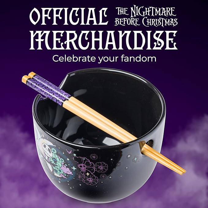 Silver Buffalo Disney Nightmare Before Christmas Starry Night Jack Skellington Ceramic Ramen Noodle Rice Bowl with Chopsticks, Microwave Safe, 20 Ounces