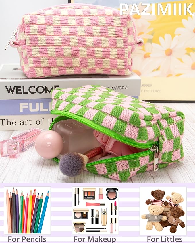 PAZIMIIK 2PCS Checkered Makeup Bag for Purse Portable Zipper Make Up Pouch Small Cosmetic Case for Travel Accessories Pink Green