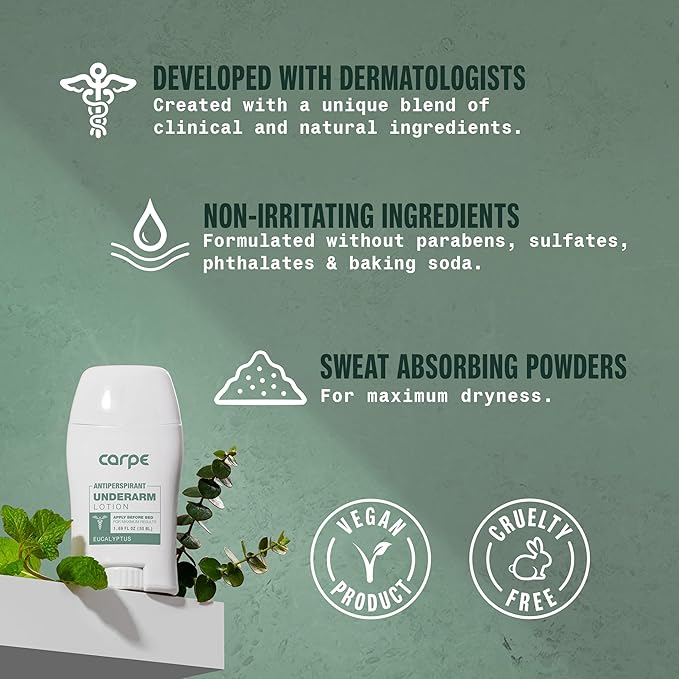 Carpe Underarm Antiperspirant and Deodorant, Clinical strength with all-natural Eucalyptus scent, Combat excessive sweating Stay fresh and dry, Great for hyperhidrosis