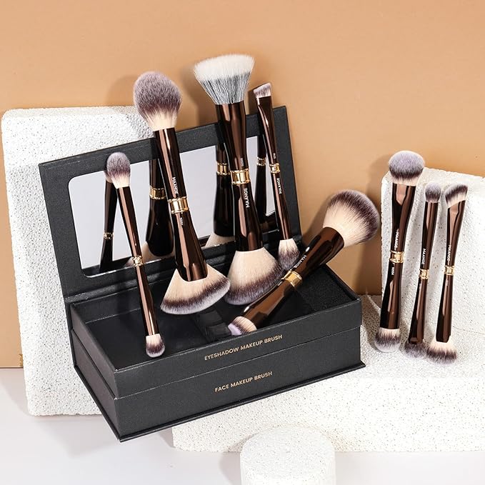 MAANGE Makeup Brush Set with Mirror Double-ended Kabuki Makeup Brushes For Foundation Contour Liquid Powder Concealer Eye Shadows Cream Cosmetics Blending Blush Makeup Tools (Coffee Brown, 8 PCS)