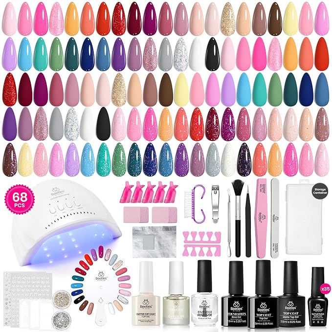 Beetles Gel Nail Polish Kit with U V Light - 68 Pcs 35 Colors Pink Glitter Nude Gel Polish Set Vivid Seasons with Base Matte&Glossy Top Coat Home DIY Nail Stuff Art Set Gifts for Women Teens Girls
