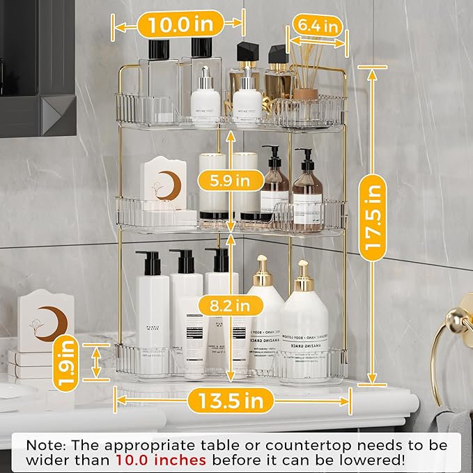 YCIA&DONE Corner Bathroom Counter Organizer, Makeup Organizer for Vanity, Skincare Cosmetic Perfume Tray, Corner Countertop Shelf Rack Storage for Bathroom Kitchen 3 Tiers (Clear White)