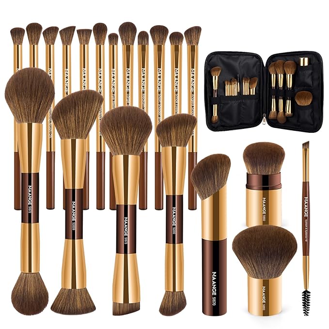 MAANGE 20 PCS Makeup Brush Set, Double-ended Kabuki Brush Foundation Contour Brush for Liquid Powder Concealer Eye Shadows Cream Cosmetics Blending Blush Face Makeup Tools with Case (Coffee Gold)