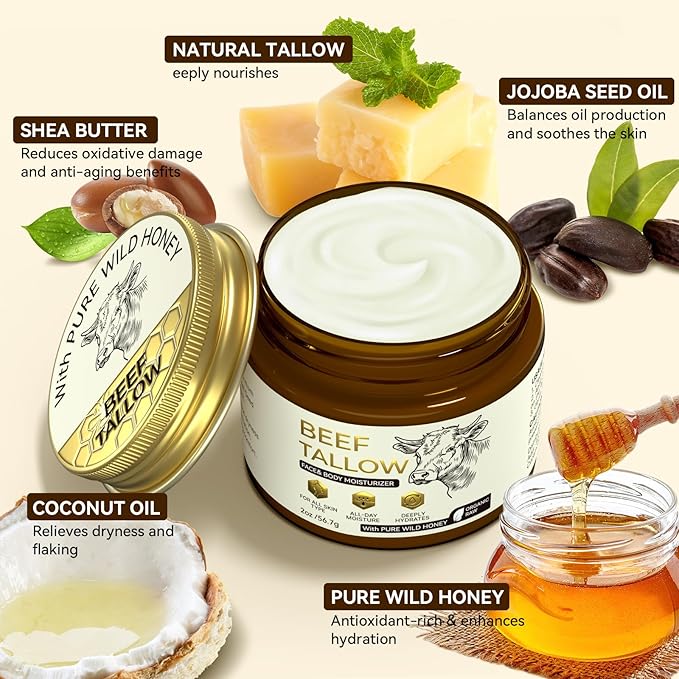 Beef Tallow for Skin - Natural Honey and Tallow Balm Nourishing Tallow Face Moisturizer Cream, Formula with Grass-Fed Organic Whipped Tallow for Dry, Cracked Face & Body Skin Care Daily Use (2 oz)