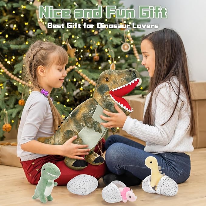 MorisMos Dinosaur Stuffed Animals Set,23.6'' Big Stuffed Dinosaur Mommy + 3 Baby Dino Toys+3 Plush Dino Eggs, Boy Girl T-Rex Toys for Kid Birthday Gift,Realistic T-rex, CPC Certified,Machine Washable