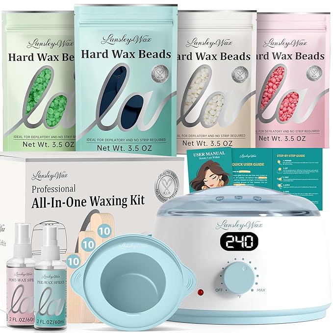 LANSLEYWAX Digital Waxing Kit for Women Men - Blue Waxing Machine with 39 Accessories - Hard Wax Kit for Arms Legs Brazilian Bikini Facial Sensitive Skin, Wax Warmer Hair Removal for Home/Salon Use