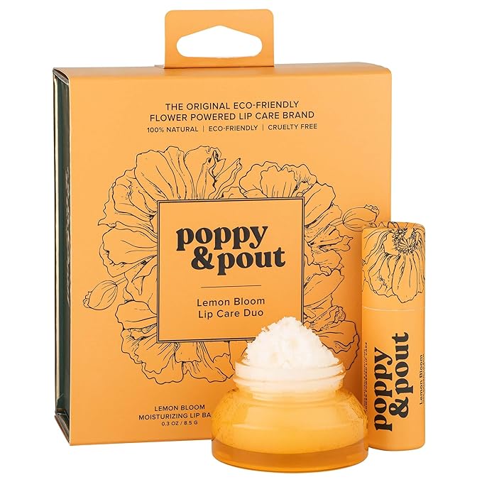 Poppy & Pout Lip Care Set | Lip Balm & Scrub | Sustainable Cardboard Tubes & Glass Jars, All Natural, Beeswax, Coconut Oil, Cruelty Free, Exfoliating & Moisturizing Lip Treatment (Lemon Bloom)