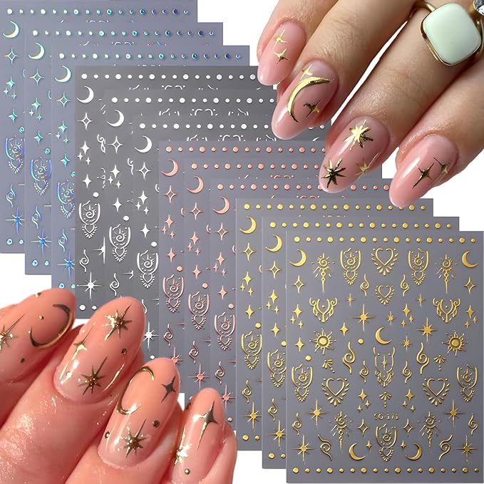 12 Sheets Star Nail Stickers for Nail Art Gold Moon Star Nail Art Stickers Decals 3D Self Adhesive Aurora Nail Decals Silver Star Nail Art Design Decoration Accessories for Women, Style 3