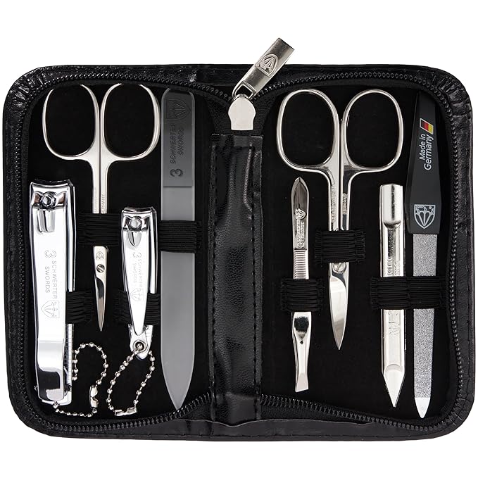 3 Swords Germany - brand quality 8 piece manicure pedicure grooming kit set synthetic leather case black - Made in Germany
