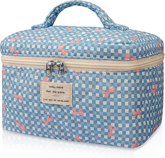 Large Makeup Bag, Cute Cosmetic Bag for Women Girls, Floral Coquette Aesthetic Toiletry Bag, Travel Make Up Organizer Bag (Blue Butterfly)