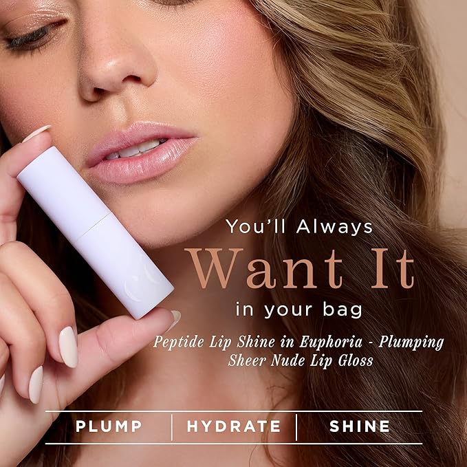 Cote Beauty's Euphoria Peptide Lip Shine, Ultra Hydrating & Long-Lasting Shimmery Sheer Nude Plumping Lip Gloss for Women with Hyaluronic Acid, Shea Butter & Jojoba Oil, Vegan & Cruelty-Free, 0.12FlOz