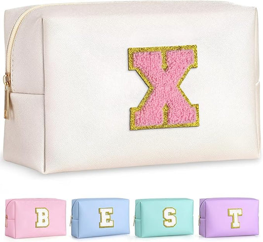 TOPEAST Initial Makeup Bags for Women, Personalized Portable Cosmetic Bag with Zipper, Cute Makeup Pouch, Bridesmaid Gifts for Wedding Day,Girl Trendy Stuff(Pearly White X)
