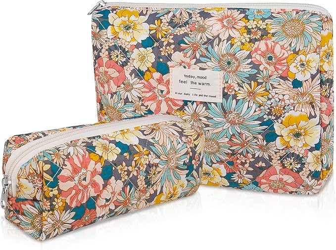 2PC Makeup Bag Set, Cute Cosmetic Bag for Women Girls, Floral Coquette Aesthetic Toiletry Bag, Travel Make Up Organizer Bag (South Twigs Flower)