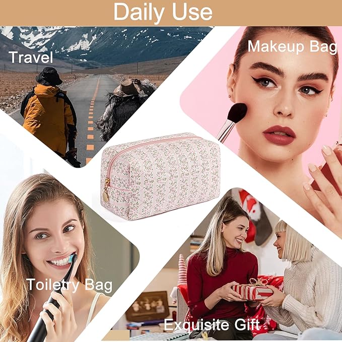 Makeup Bag Travel Cosmetic Bag for Women Girls, Zipper Make Up Pouch, Floral Flowers Toiletry Organizer Makeup, Portable Storage Cosmetic Travel Cloth Bag (Pink)
