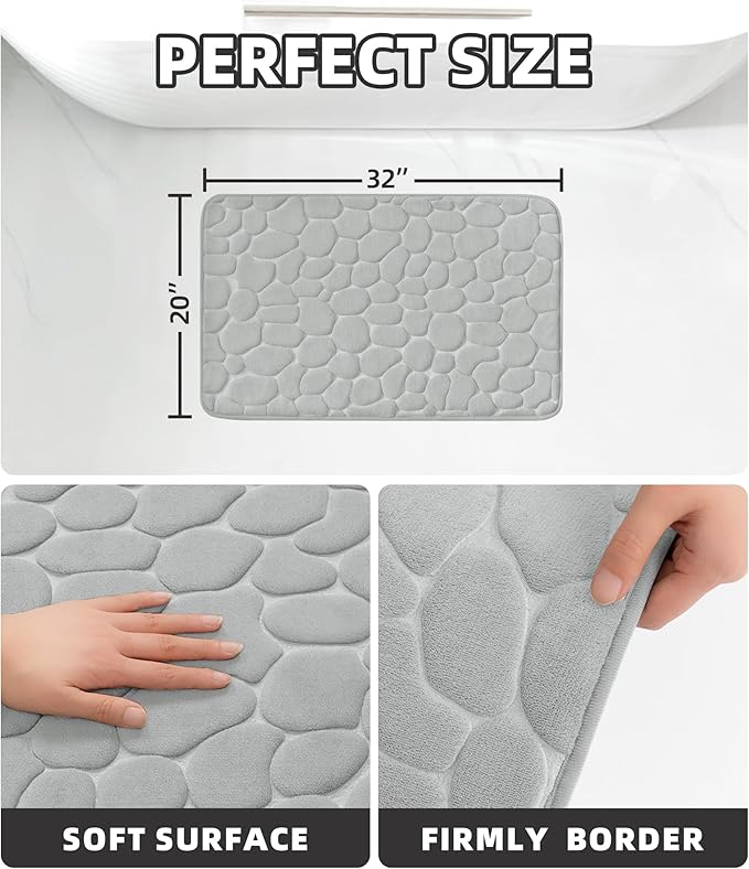 YIHOUSE Memory Foam Bath Mat Cobblestone Bathroom Rugs Super Water Absorbent Bath Mats for Bathroom Machine Washable Bath Rugs(20x32,Light Gray)