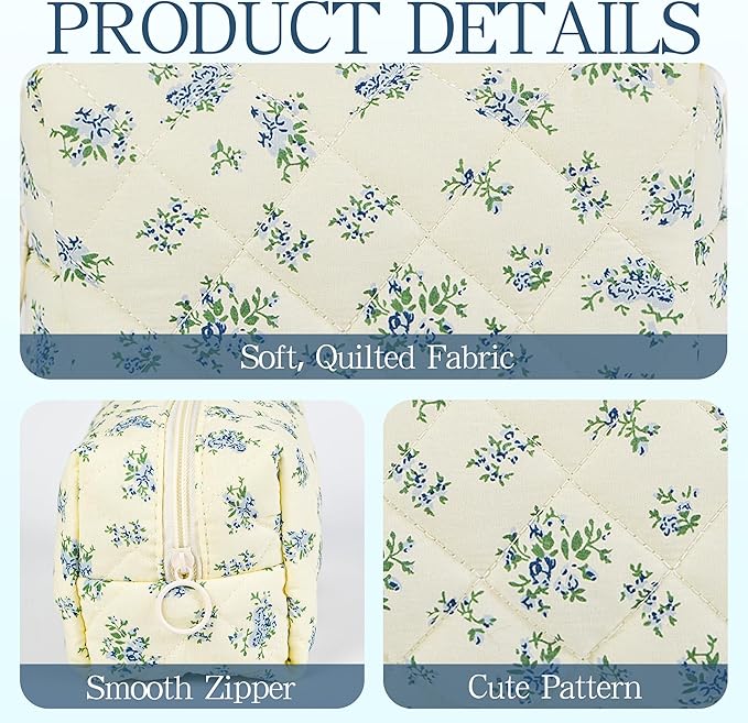 Quilted Makeup Pouch,Cotton Puffy Makeup Bag, Coquette Cosmetic Bag for Women and Girls, Aesthetic Organizer Bag, Cute Flower Travel Toiletry Bag