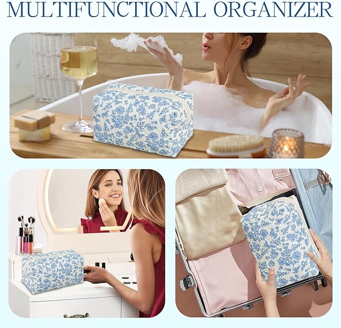 Quilted Makeup Pouch,Cotton Puffy Makeup Bag, Coquette Cosmetic Bag for Women and Girls, Aesthetic Organizer Bag, Cute Flower Travel Toiletry Bag