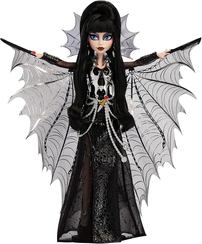 Monster High Doll, Elvira, Mistress of The Dark Collectible in Black Faux Leather Dress with Silvery Batwing Cape and Premium Accessories (Amazon Exclusive)