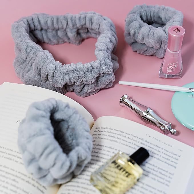 FROG SAC Spa Headband and Wristbands for Face Washing, Fuzzy Skincare Make Up Headbands Set for Women, Soft Puffy Makeup Skin Care Facewashing Hair Band Accessories for Girls (Gray)