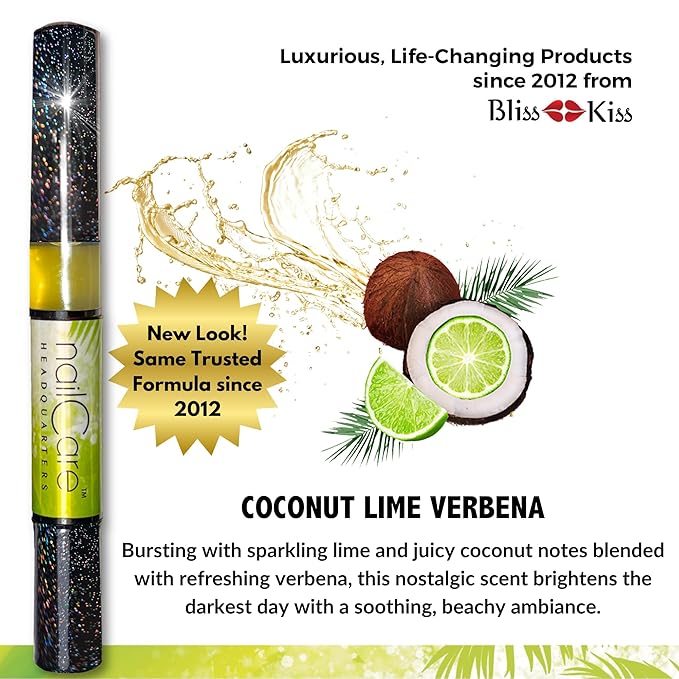 Cuticle Oil Pen for Nails - Nail Strengthener & Growth Oil and Serum for Damaged Nails, Hangnails w/Jojoba cuticle oil—Coconut Lime Verbena Fragrance - Holographic Glitter Pens 4-Pack