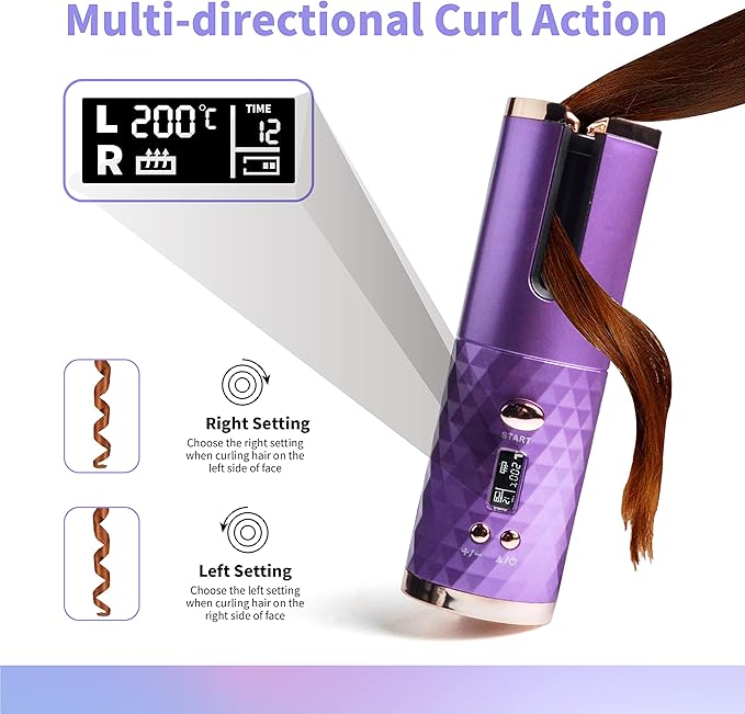 Automatic Curling Iron, Hair Curling Iron for Hair Styling, Cordless Auto Hair Curler, with 6 Temps and Timers, Auto Shut-Off, Fast Heating, Rechargeable Cordless Hair Curler 1 (Purple)