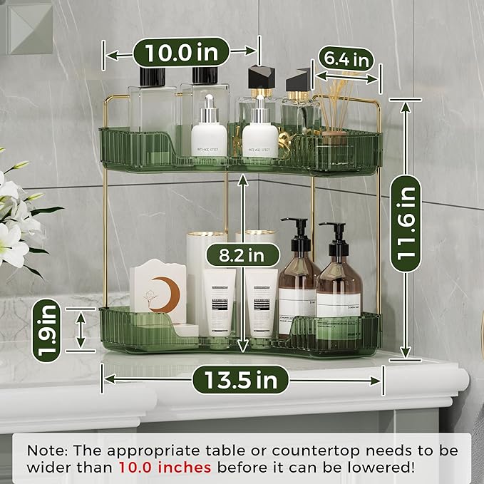 YCIA&DONE Corner Bathroom Counter Organizer, Makeup Organizer for Vanity, Skincare Cosmetic Perfume Tray, Corner Countertop Shelf Rack Storage for Bathroom Kitchen 2 Tiers (Vintage Green)