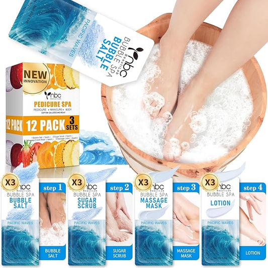 Pedicure Kit Foot Soak Set: Bubble Salt, Sugar Scrub, Massage Mask, Massage Lotion in a Box, 4 Step Foot Spa Kit for Dry Feet, Calluses and Tired Feet(3 Set Pacific Waves)
