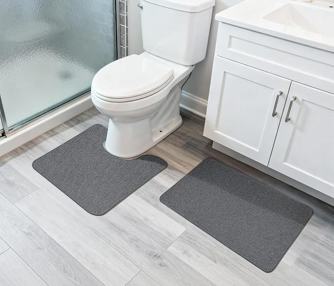 Bathroom Rugs Set 2 Pieces,Thin Bathroom Mats,Toilet Rugs,Quick Dry,Non-Slip,Machine Washable,Low Pile,Absorbent Bath Mats,Shower,Sink,Home Decor Accessories.Dark Grey,1'5"x2'3"+1'8"x2" U Shape