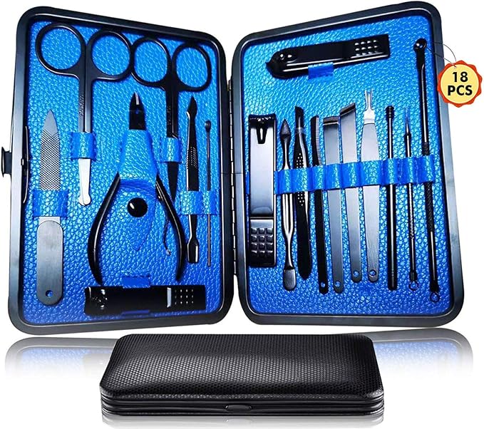 Manicure Pedicure Kit Nail Clippers Set 18 in 1 High Precision Stainless Steel Cutter File Sharp Scissors for Men & Women Fingernails & Toenails Vibrissac Scissors with Stylish Case (Blue_18in1)