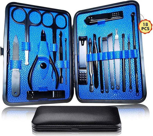 Manicure Pedicure Kit Nail Clippers Set 18 in 1 High Precision Stainless Steel Cutter File Sharp Scissors for Men & Women Fingernails & Toenails Vibrissac Scissors with Stylish Case (Blue_18in1)