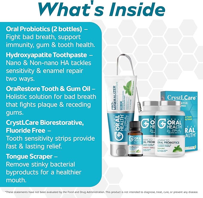 Dental Care Kit 6-in-1 Oral Hygiene Products for Adults: Oral Probiotics for Teeth & Gums, Nano Hydroxyapatite Toothpaste, Natural Breath Freshener Oil, Tooth Sensitivity Treatment & Tongue Scraper