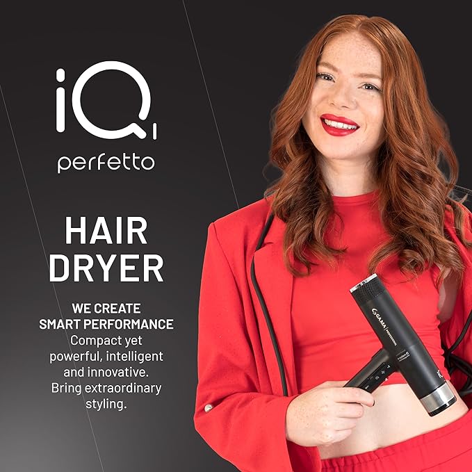 GA.MA iQ1 Perfetto Hair Dryer with 110,000 RPM Intelligent Brushless Motor, Oxy Active Technology, Auto-Clean & Washable Filter, Includes Diffuser & 3 Nozzles, Black