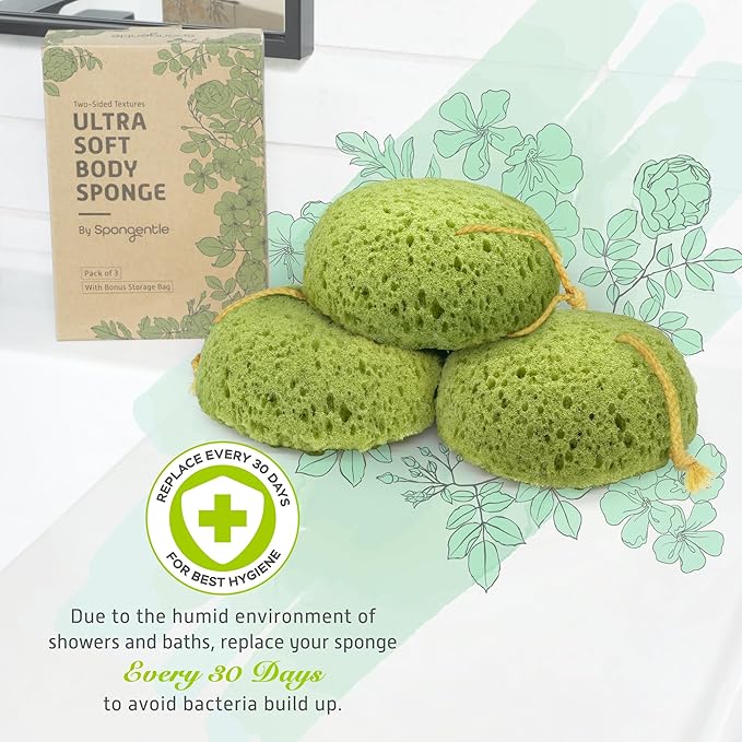 Spongentle Deep Cleansing Body Loofah Sponge, Natural Colors, for Bath and Shower, Multiple Textures for Gentle and Deep Exfoliation, Generous and Rich Lather, (Pack of 3)