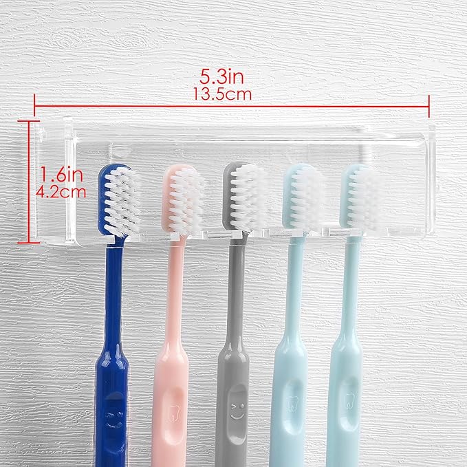 5 Slots Wall Mount Toothbrush Holder with Cover, Self Adhesive Toothbrush Storage Organizer for Shower, Toothbrush Hanger for Bathroom, Medicine Cabinet, Dorm (Clear)