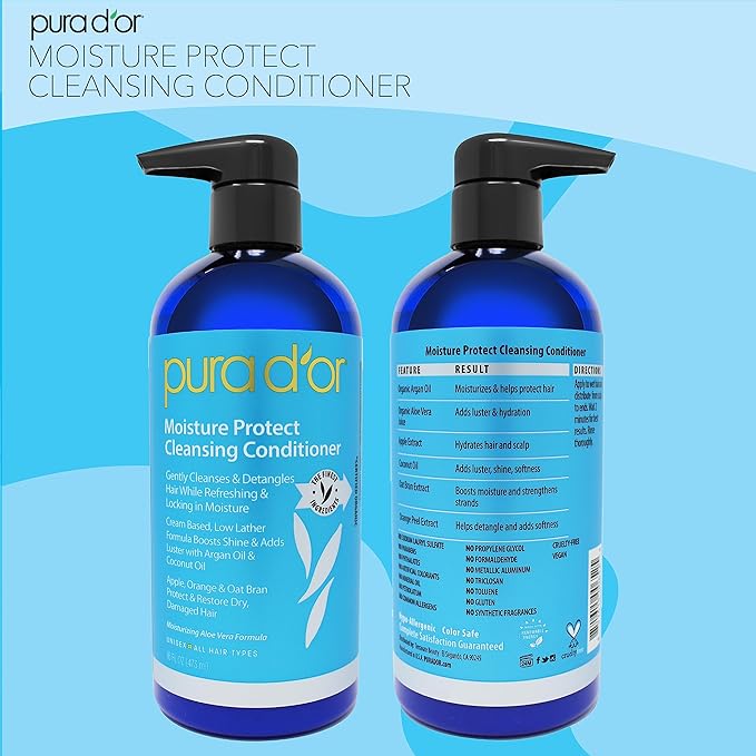 PURA D’OR Moisture Protect Cleansing Conditioner (16oz) Detangles & Restores Hair with Argan Oil, Lavender, No Sulfate, All Hair Types, Men & Women (Packaging may vary)