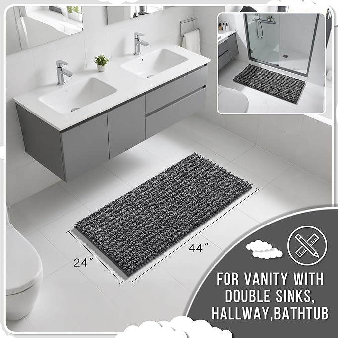 Yimobra Long Bathroom Rugs Non Slip Washable 44x24 Inch - Ultra Soft Absorbent Chenille Bath Mat, Quick Dry Shaggy Floor Carpet for Tub Shower, Dark Gray Home Decor Accessories