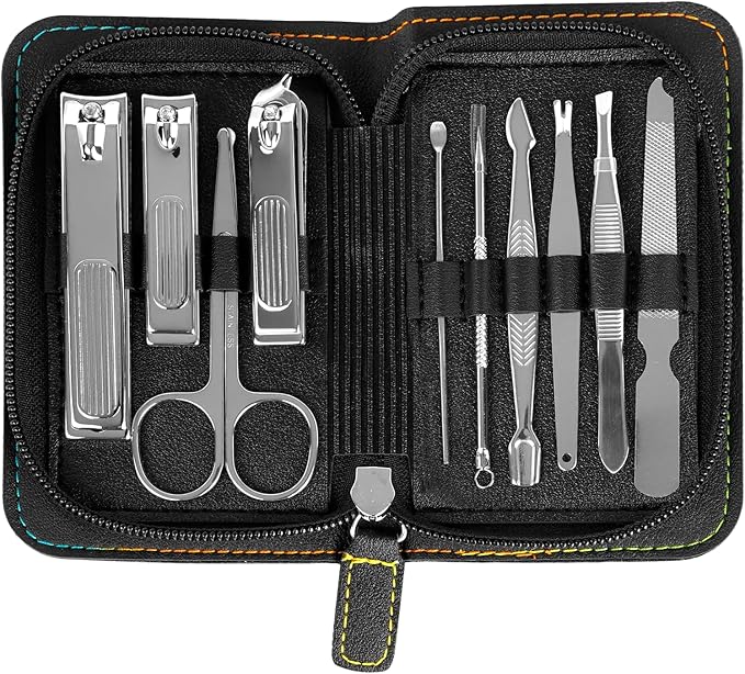 Premium Stainless Steel Nail Clippers Set - Travel Grooming Kit, 10pc Manicure/Pedicure Tools with PU Case - Gift Ideas(C-Black)