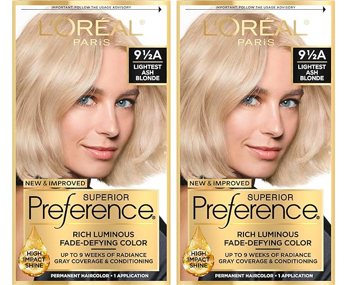 L'Oreal Paris Superior Preference Luminous Fade-Defying Permanent Hair Color, Hair Dye For Up to 9 Weeks of Radiance, Lightest Ash Blonde 9.5A, 1 Hair Dye Kit (Pack of 2)