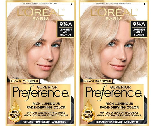 L'Oreal Paris Superior Preference Luminous Fade-Defying Permanent Hair Color, Hair Dye For Up to 9 Weeks of Radiance, Lightest Ash Blonde 9.5A, 1 Hair Dye Kit (Pack of 2)