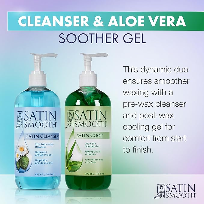 SATIN SMOOTH Pre Wax Cleanser & Aloe Vera Post Wax Cooling Gel Duo - Hair Removal Prep and Aftercare Kit, 16 oz